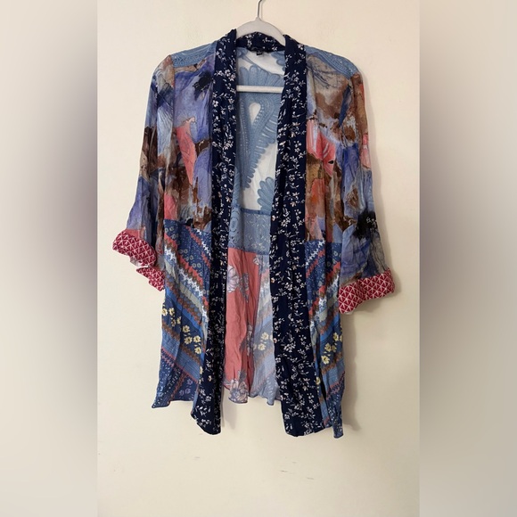 John Mark Navy Multicolor Open Front Patchwork Kimono, 3/4 Sleeves, size L EUC - Picture 2 of 8